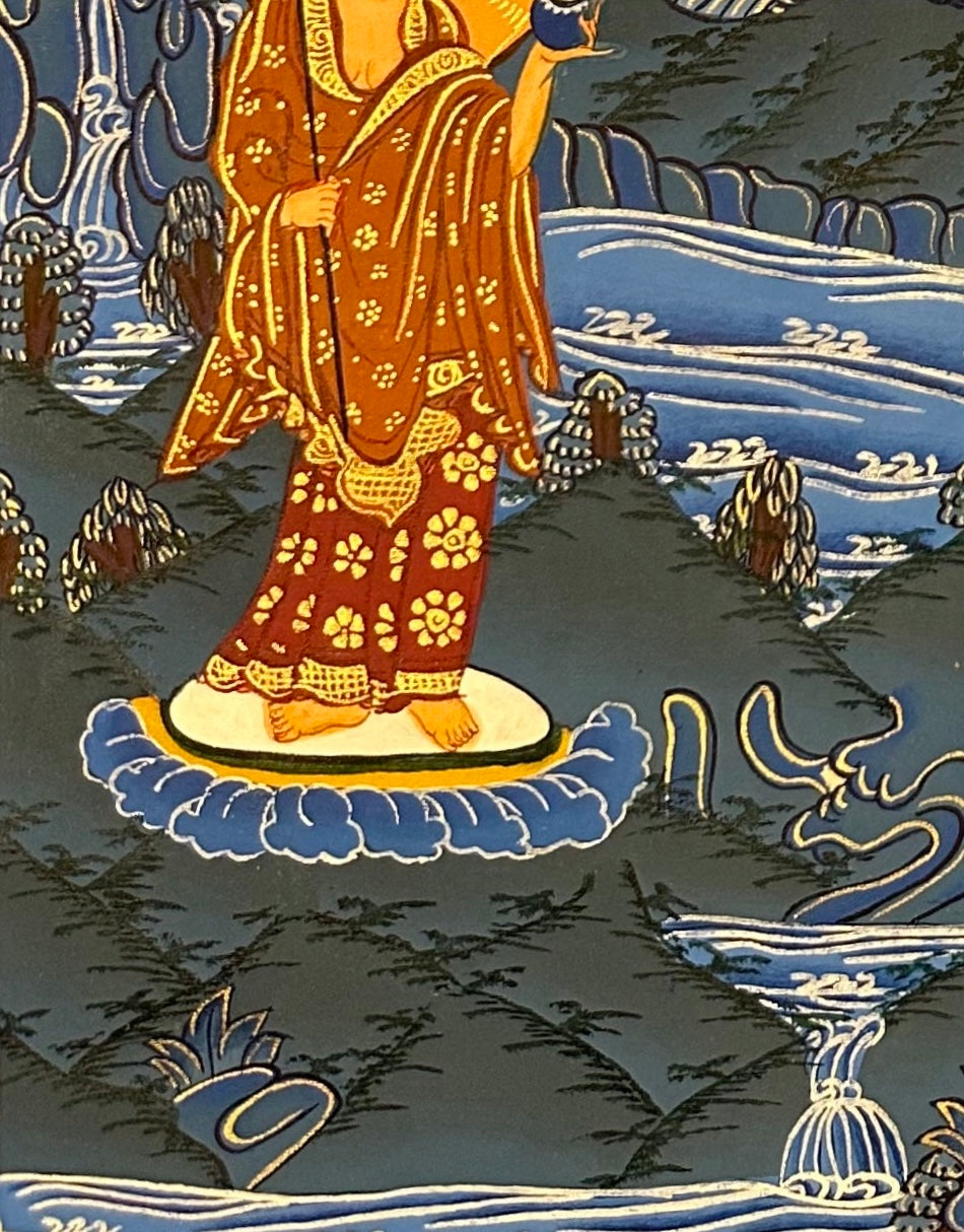 Medicine Buddha thangka, detail: bottom-left corner