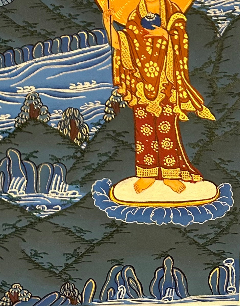 Medicine Buddha thangka, detail: bottom-right corner