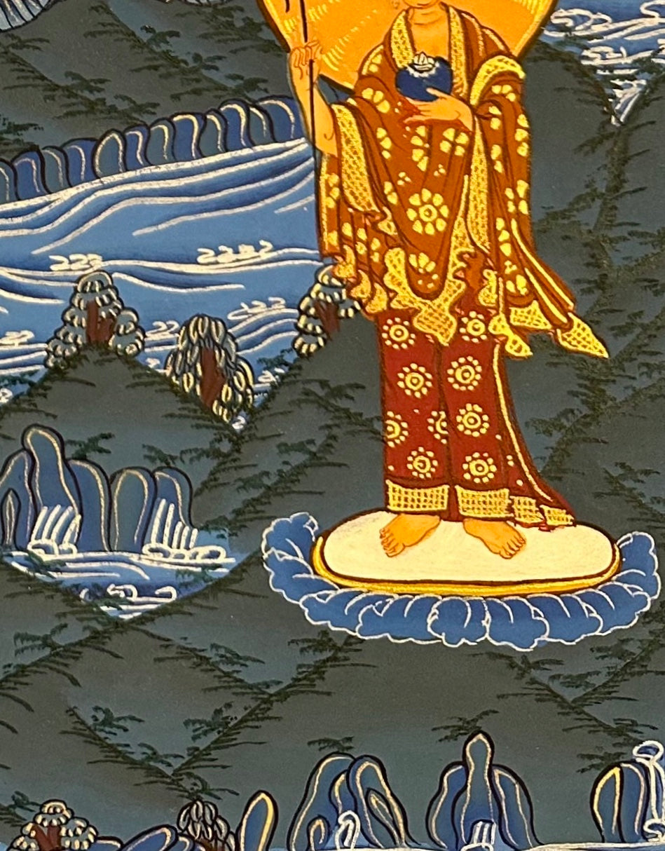 Medicine Buddha thangka, detail: bottom-right corner