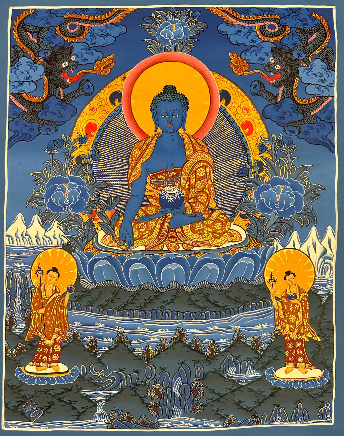 Medicine Buddha thangka, 51×68 cm: blue Medicine Buddha in shades of blue, with two dragons above and two disciples below