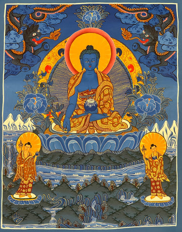 Medicine Buddha thangka, 51×68 cm: blue Medicine Buddha in shades of blue, with two dragons above and two disciples below
