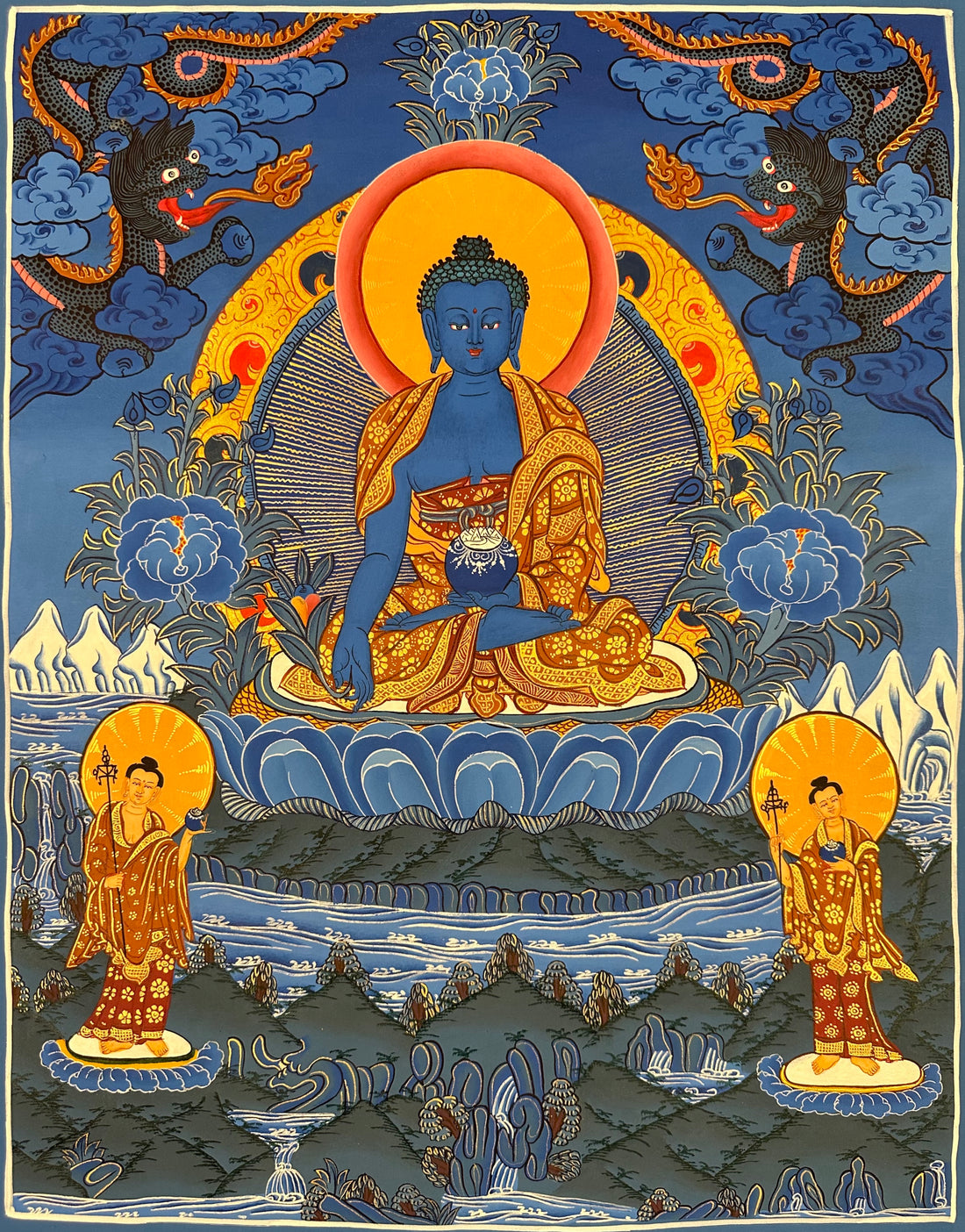 Medicine Buddha thangka, 51×68 cm: blue Medicine Buddha in shades of blue, with two dragons above and two disciples below