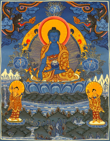 Medicine Buddha thangka, 51×68 cm: blue Medicine Buddha in shades of blue, with two dragons above and two disciples below