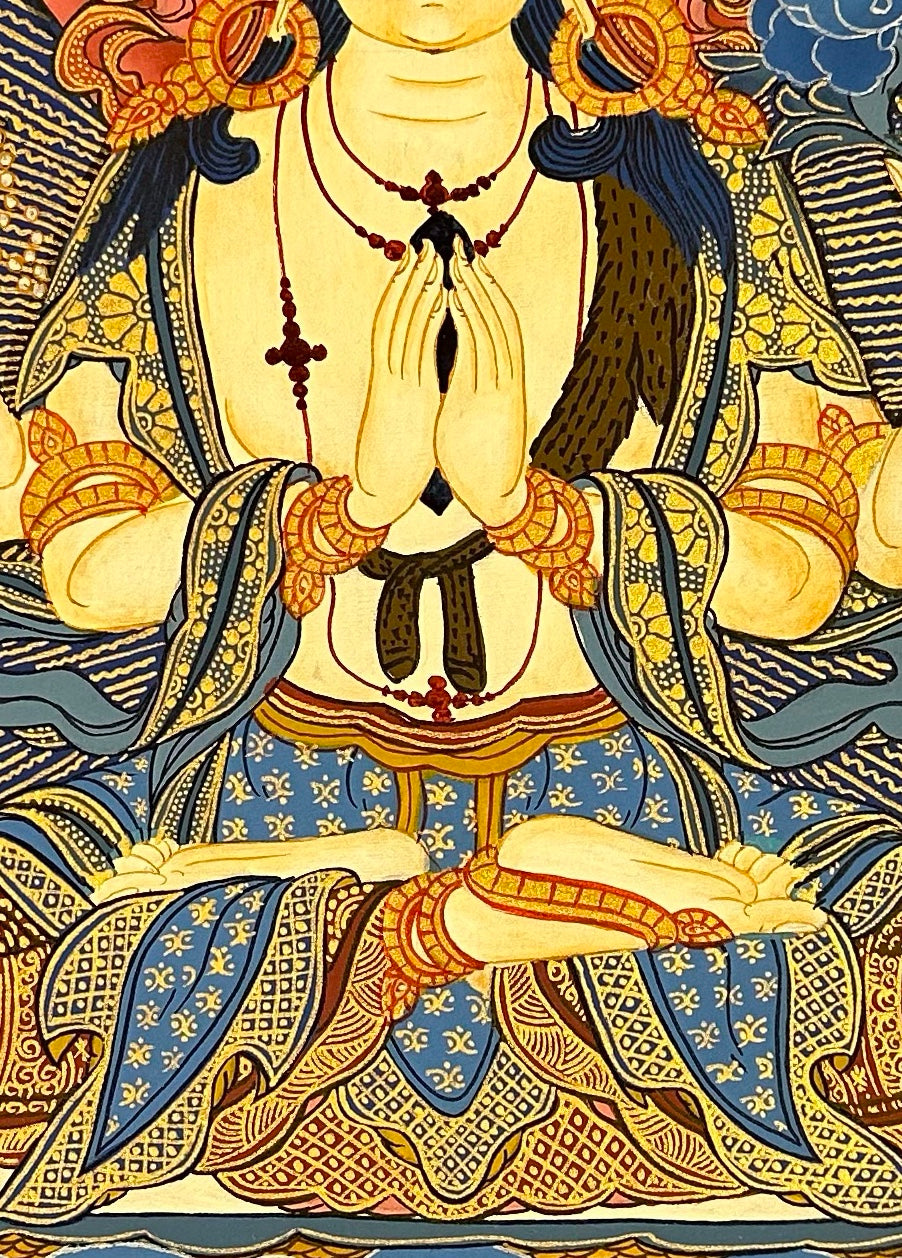 Chenrezig thangka, 47×62 cm: four-armed Chenrezig in shades of blue with dragons and Amitabha above and Manjushri and Vajrapani below