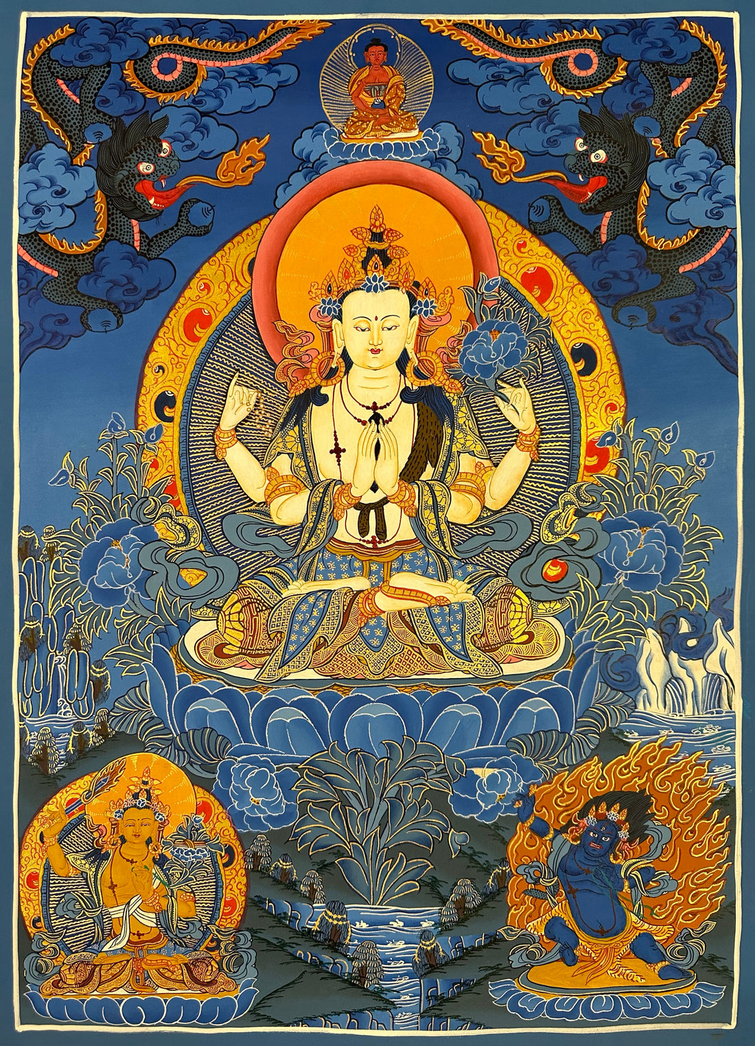 Chenrezig thangka, 47×62 cm: four-armed Chenrezig in shades of blue with dragons and Amitabha above and Manjushri and Vajrapani below