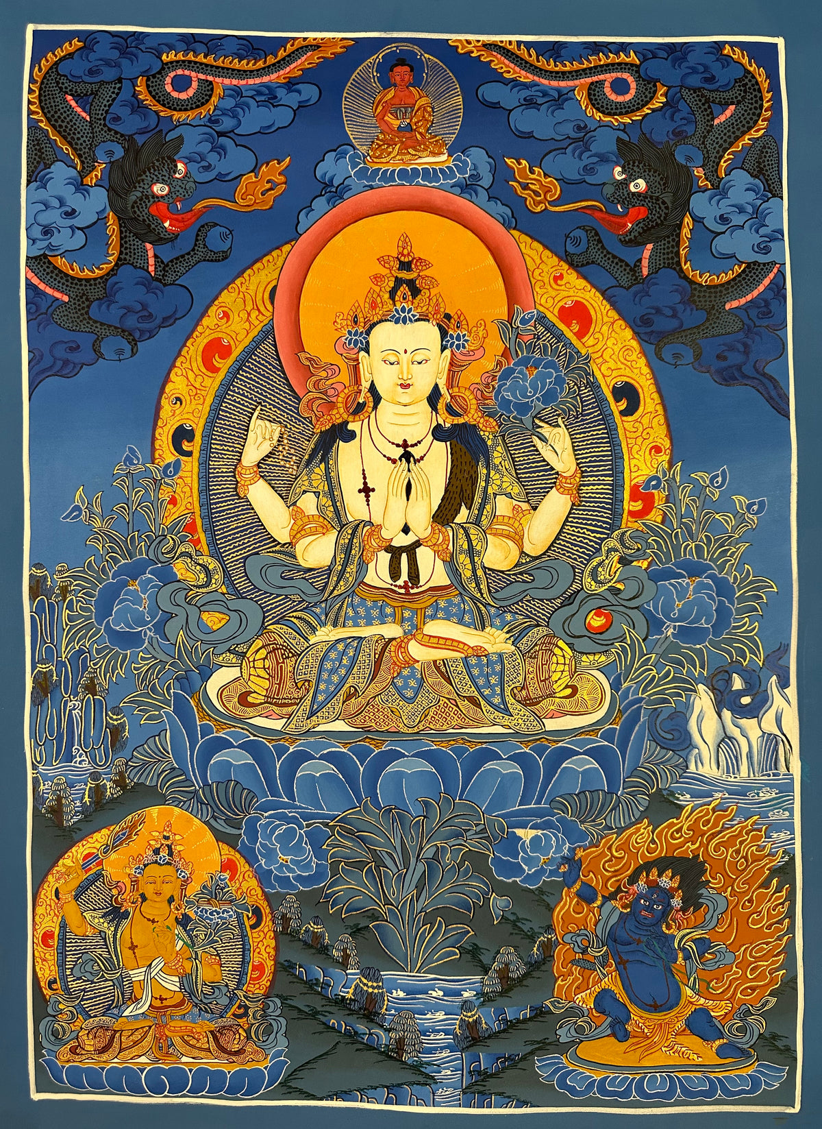 Chenrezig thangka, 47×62 cm: four-armed Chenrezig in shades of blue with dragons and Amitabha above and Manjushri and Vajrapani below
