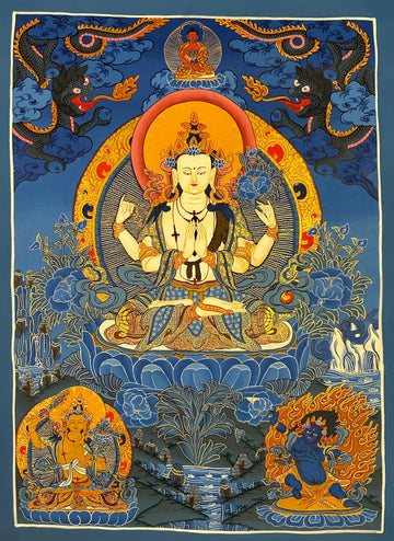 Chenrezig thangka, 47×62 cm: four-armed Chenrezig in shades of blue with dragons and Amitabha above and Manjushri and Vajrapani below