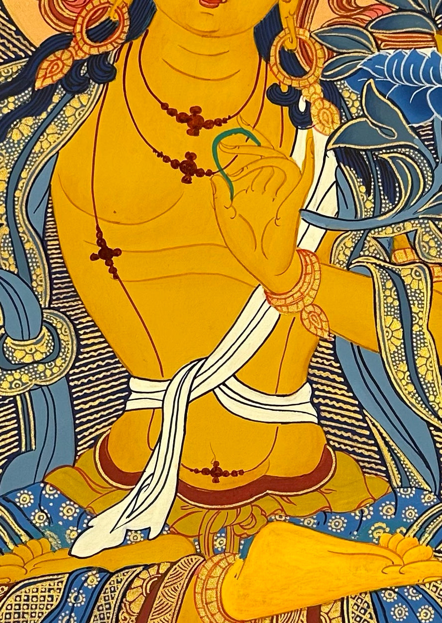Manjushri thangka, 51×68 cm: golden Manjushri raising his sword, surrounded by four other forms of Manjushri on deep blue
