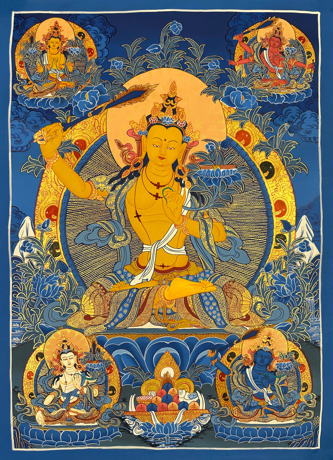 Manjushri thangka, 51×68 cm: golden Manjushri raising his sword, surrounded by four other forms of Manjushri on deep blue