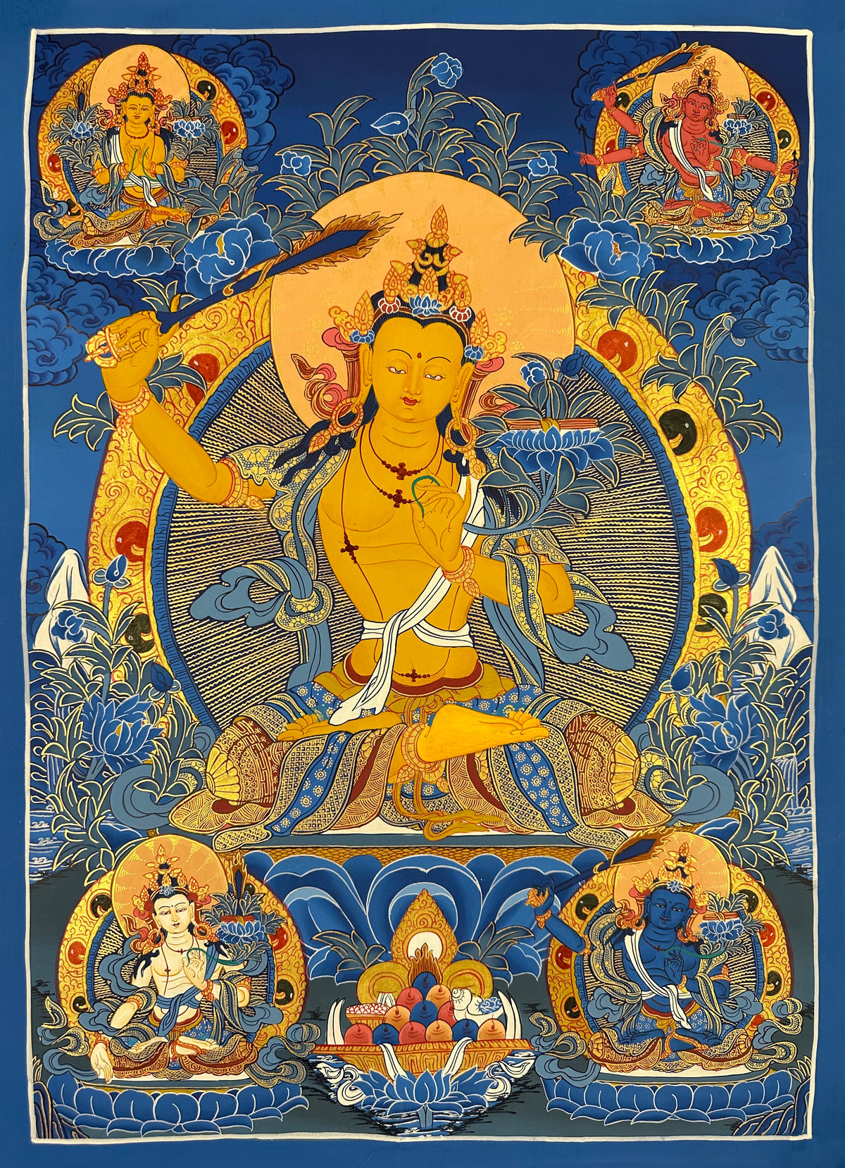 Manjushri thangka, 51×68 cm: golden Manjushri raising his sword, surrounded by four other forms of Manjushri on deep blue