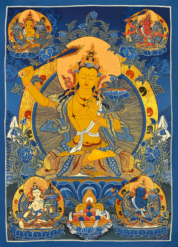 Manjushri thangka, 51×68 cm: golden Manjushri raising his sword, surrounded by four other forms of Manjushri on deep blue