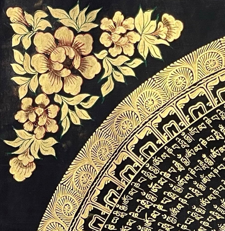 Mantra Mandala thangka, detail: top-left corner