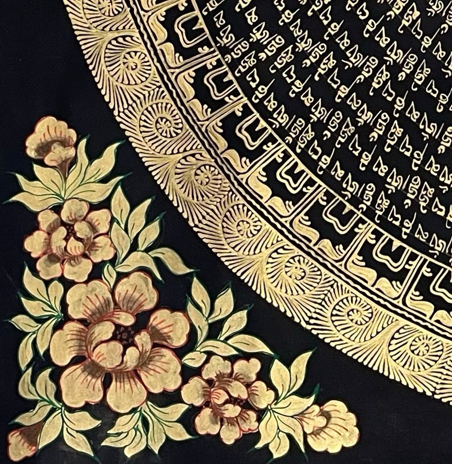 Mantra Mandala thangka, detail: bottom-left corner
