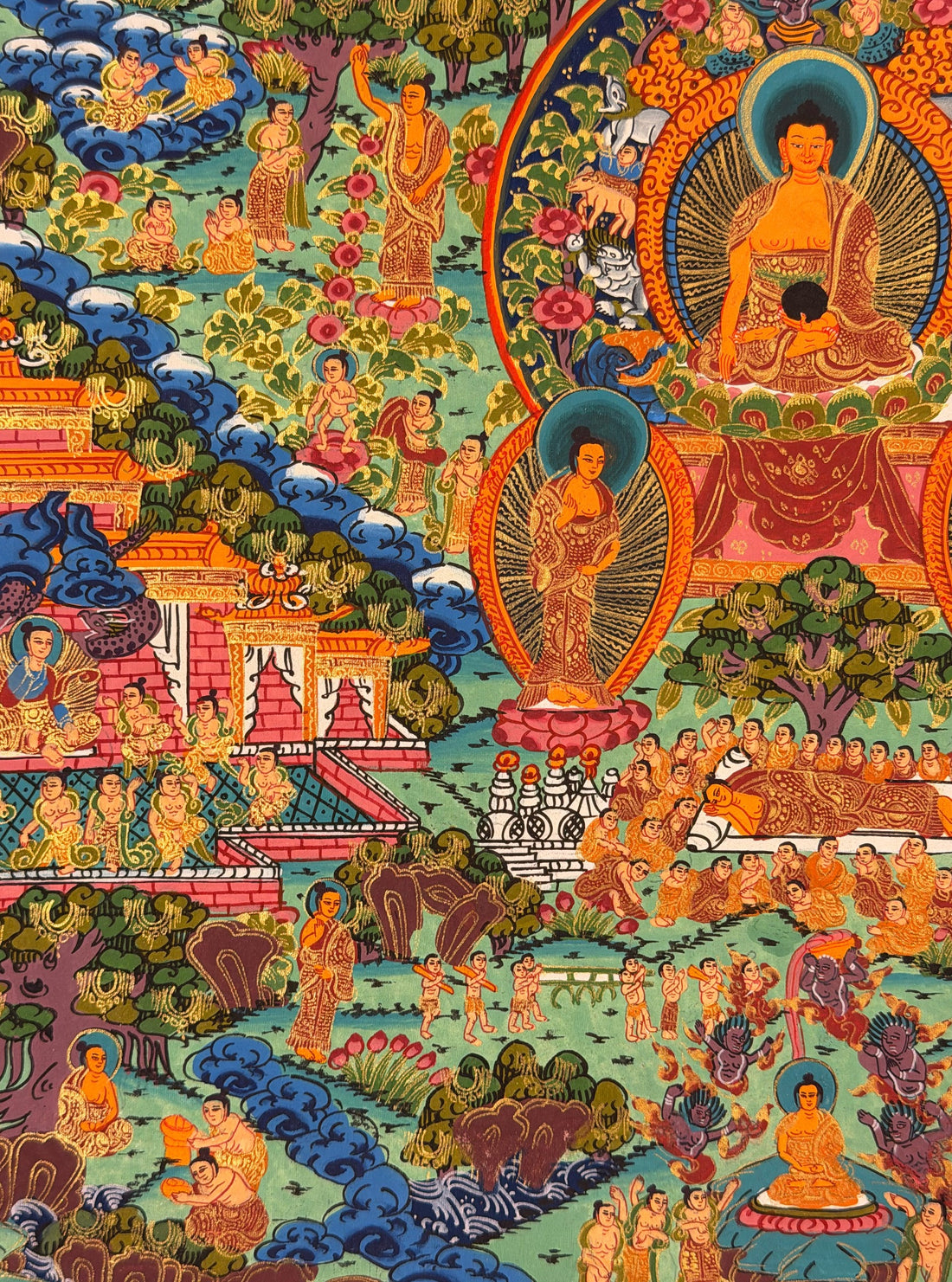 Buddha Life Story thangka, 41×51 cm: Shakyamuni under a garuda arch surrounded by scenes of his life on a mint-green ground