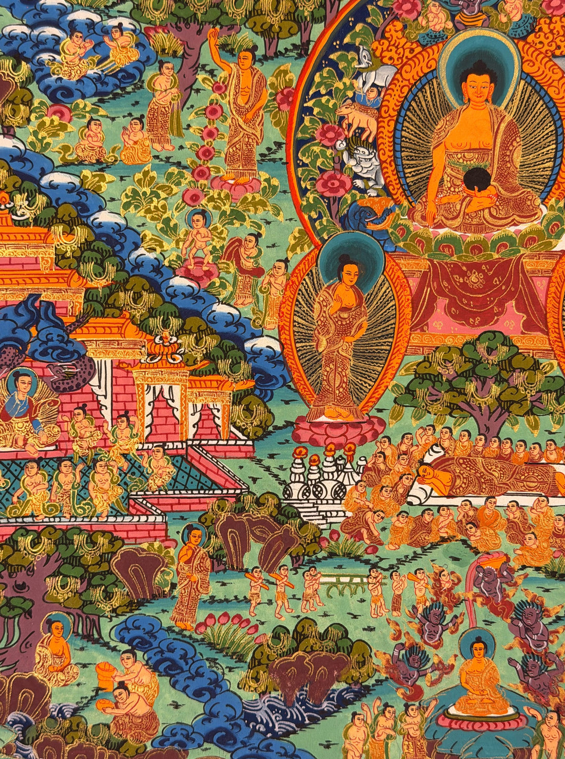 Buddha Life Story thangka, 41×51 cm: Shakyamuni under a garuda arch surrounded by scenes of his life on a mint-green ground