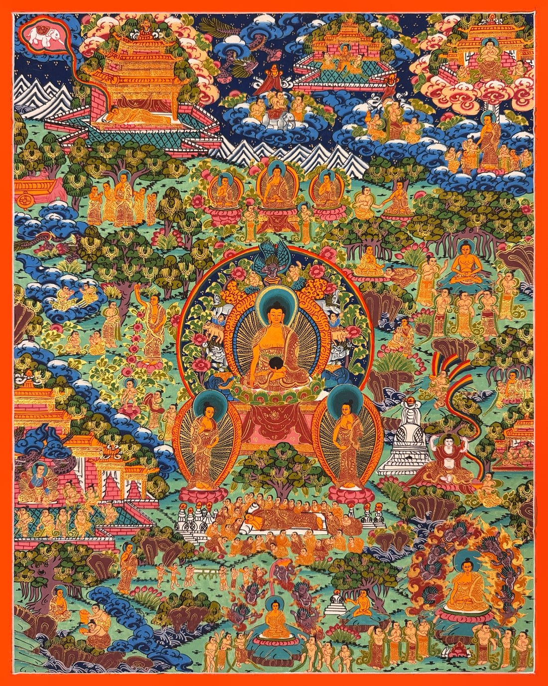Buddha Life Story thangka, 41×51 cm: Shakyamuni under a garuda arch surrounded by scenes of his life on a mint-green ground