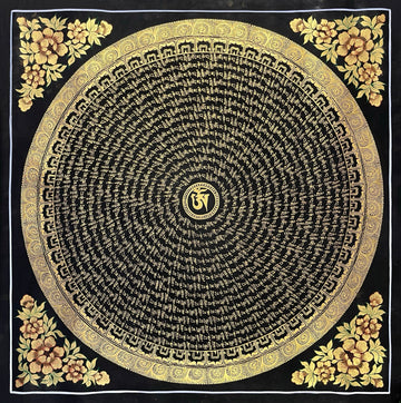 Mantra Mandala thangka, 76×76 cm: a spiral of gold-coloured mantra script on black around a central Om, with gold-coloured peonies in the corners