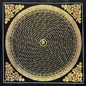 Mantra Mandala thangka, 76×76 cm: a spiral of gold-coloured mantra script on black around a central Om, with gold-coloured peonies in the corners