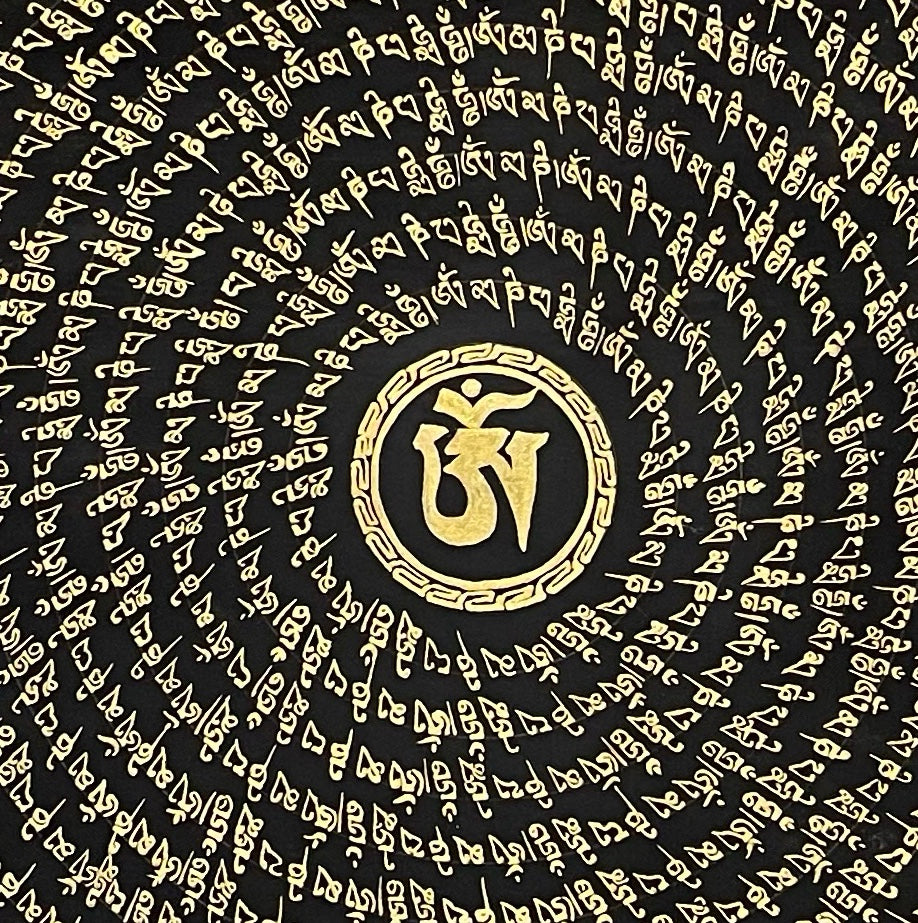 Mantra Mandala thangka, 77×77 cm: a spiral of gold-coloured mantra script on black around a central Om, with gold-coloured peonies in the corners