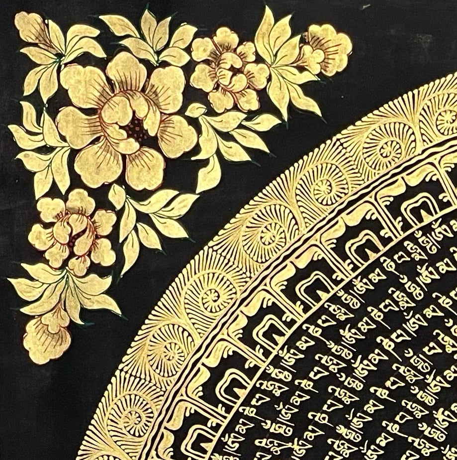 Mantra Mandala thangka, detail: top-left corner