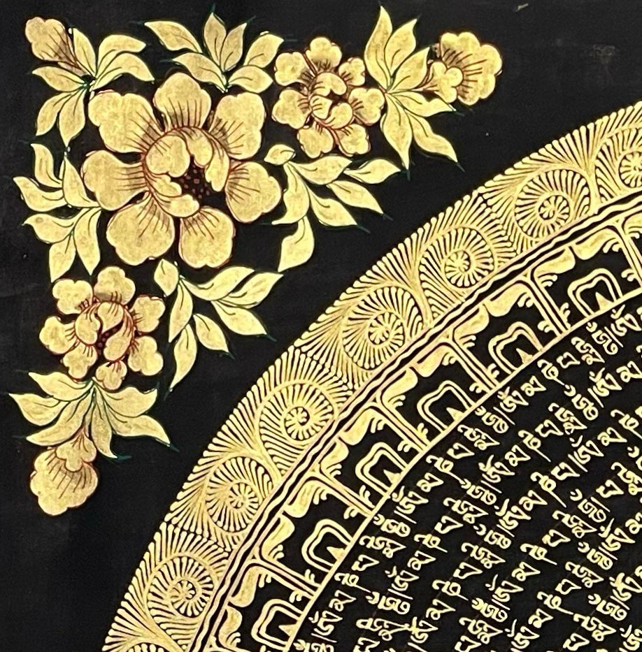 Mantra Mandala thangka, detail: top-left corner
