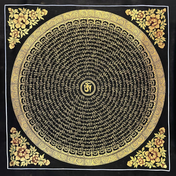 Mantra Mandala thangka, 77×77 cm: a spiral of gold-coloured mantra script on black around a central Om, with gold-coloured peonies in the corners