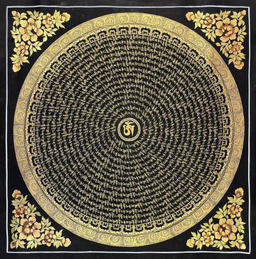 Mantra Mandala thangka, 77×77 cm: a spiral of gold-coloured mantra script on black around a central Om, with gold-coloured peonies in the corners