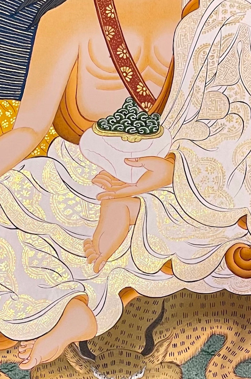 Milarepa thangka, 51×76 cm: Milarepa in white robes holding a bowl, with the hunter, his dog and a deer below