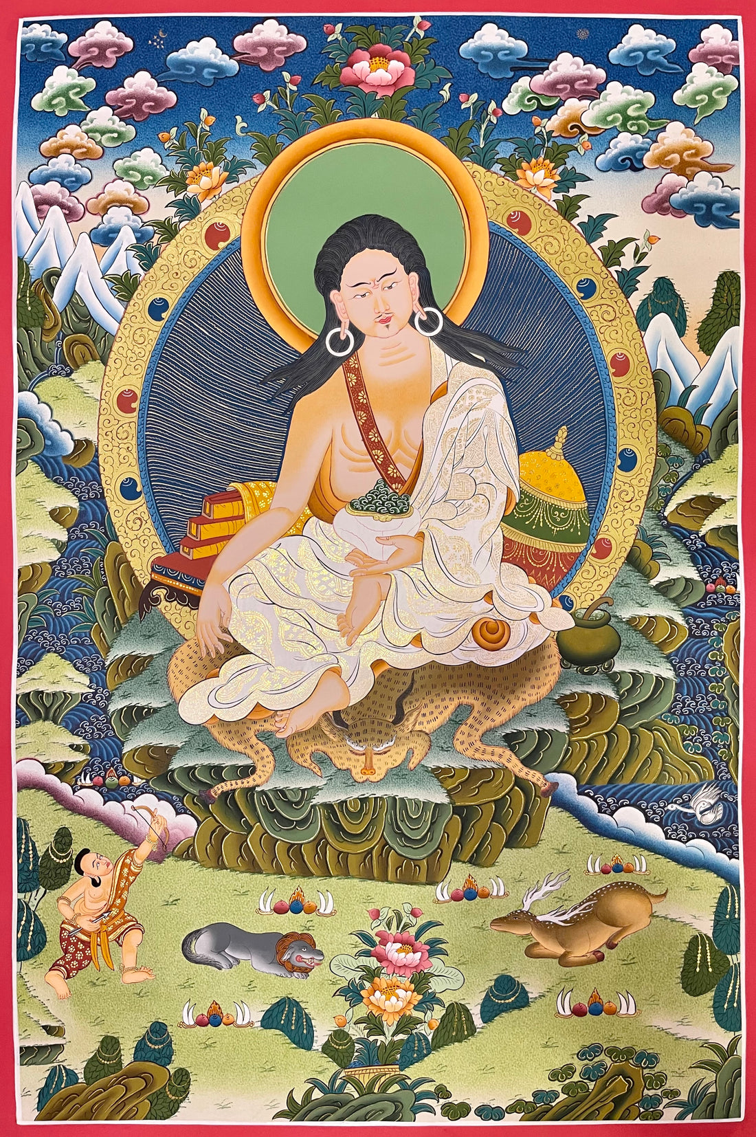 Milarepa thangka, 51×76 cm: Milarepa in white robes holding a bowl, with the hunter, his dog and a deer below