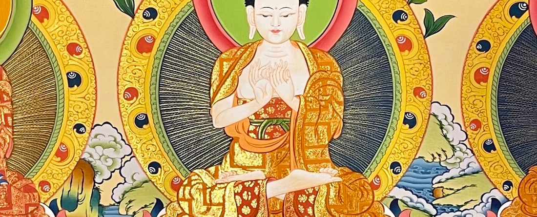 Five Dhyani Buddhas thangka, 123×50 cm: the five Buddhas seated in a row on thrones, white Vairocana at the centre