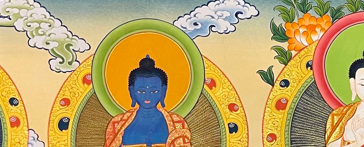 Five Dhyani Buddhas thangka, detail: top-left corner