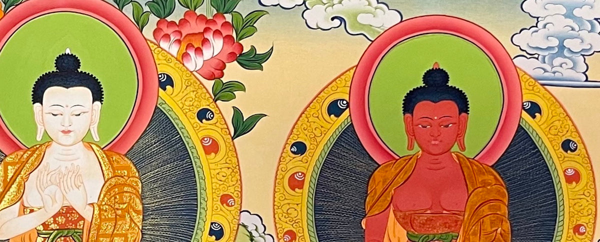 Five Dhyani Buddhas thangka, detail: top-right corner