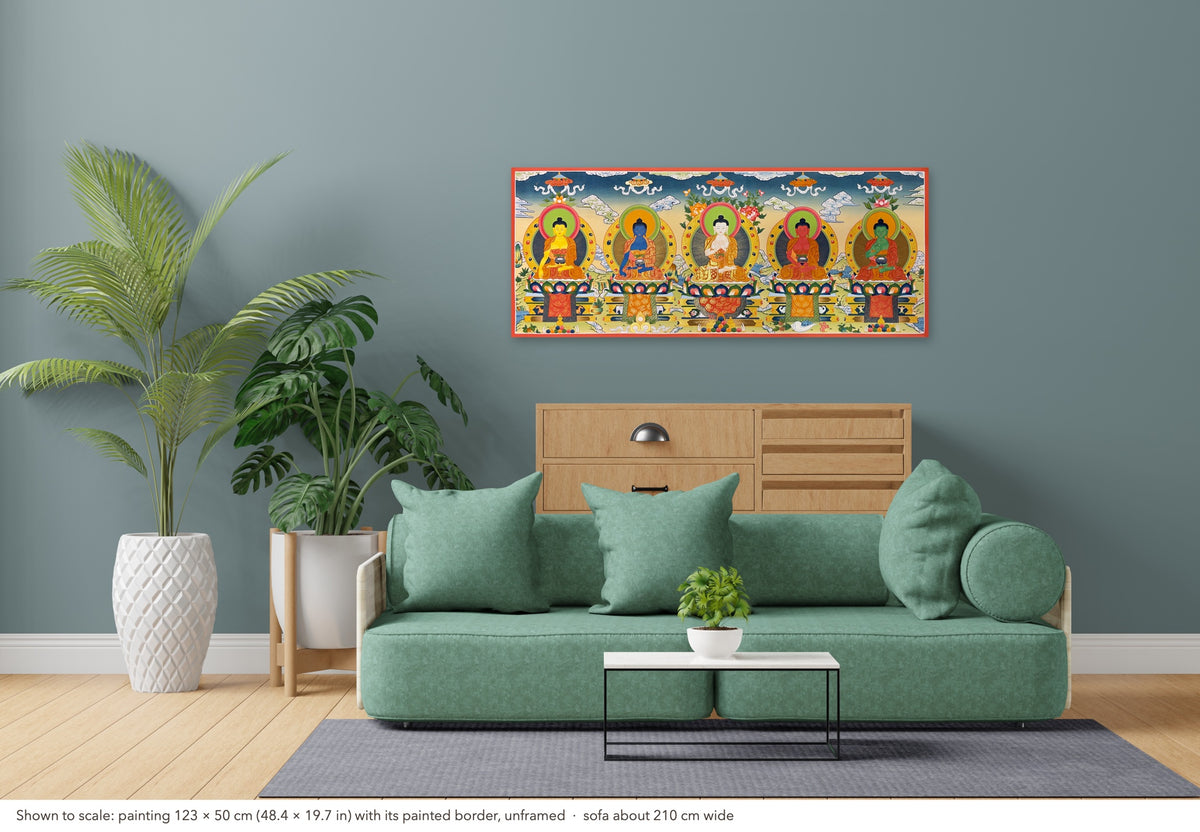 Five Dhyani Buddhas thangka shown to scale in a living room, unframed, above a sofa about 210 cm wide (123×50 cm)