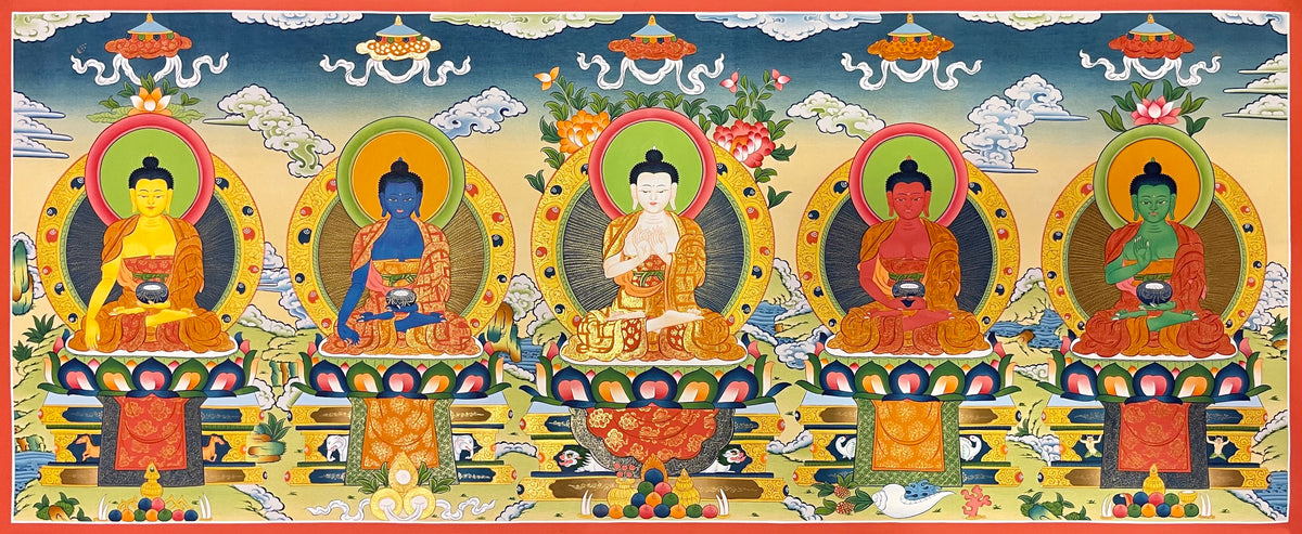 Five Dhyani Buddhas thangka, 123×50 cm: the five Buddhas seated in a row on thrones, white Vairocana at the centre