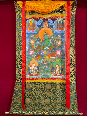 Green Tara Thangka in Silk Brocade